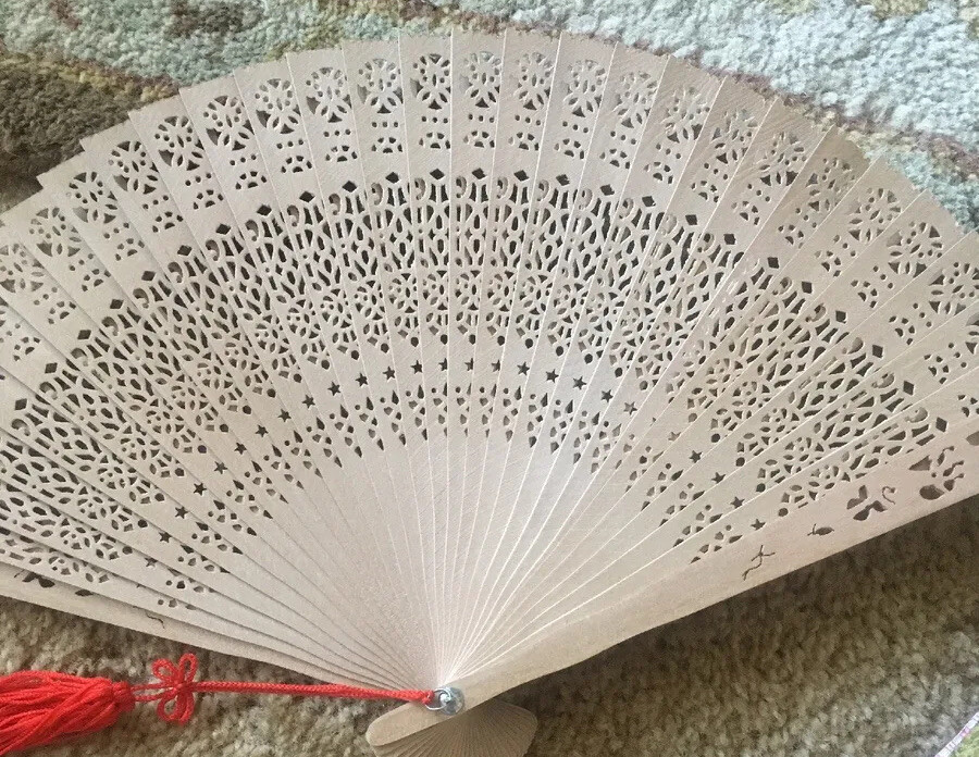 Vintage Folding Wood and Paper Cut Out Design Beige Fan Red Tassel And Box