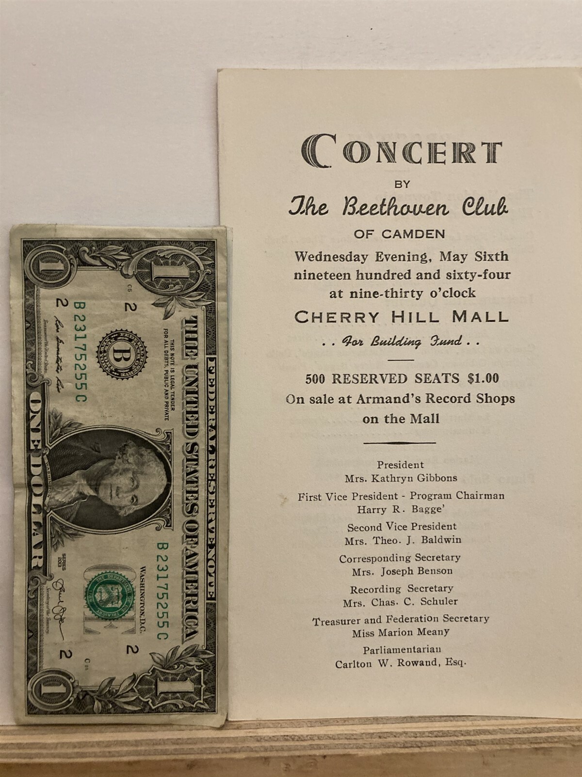 1964 Beethoven Club of Camden Cherry Hill Mall Concert Program New Jersey NJ Vtg