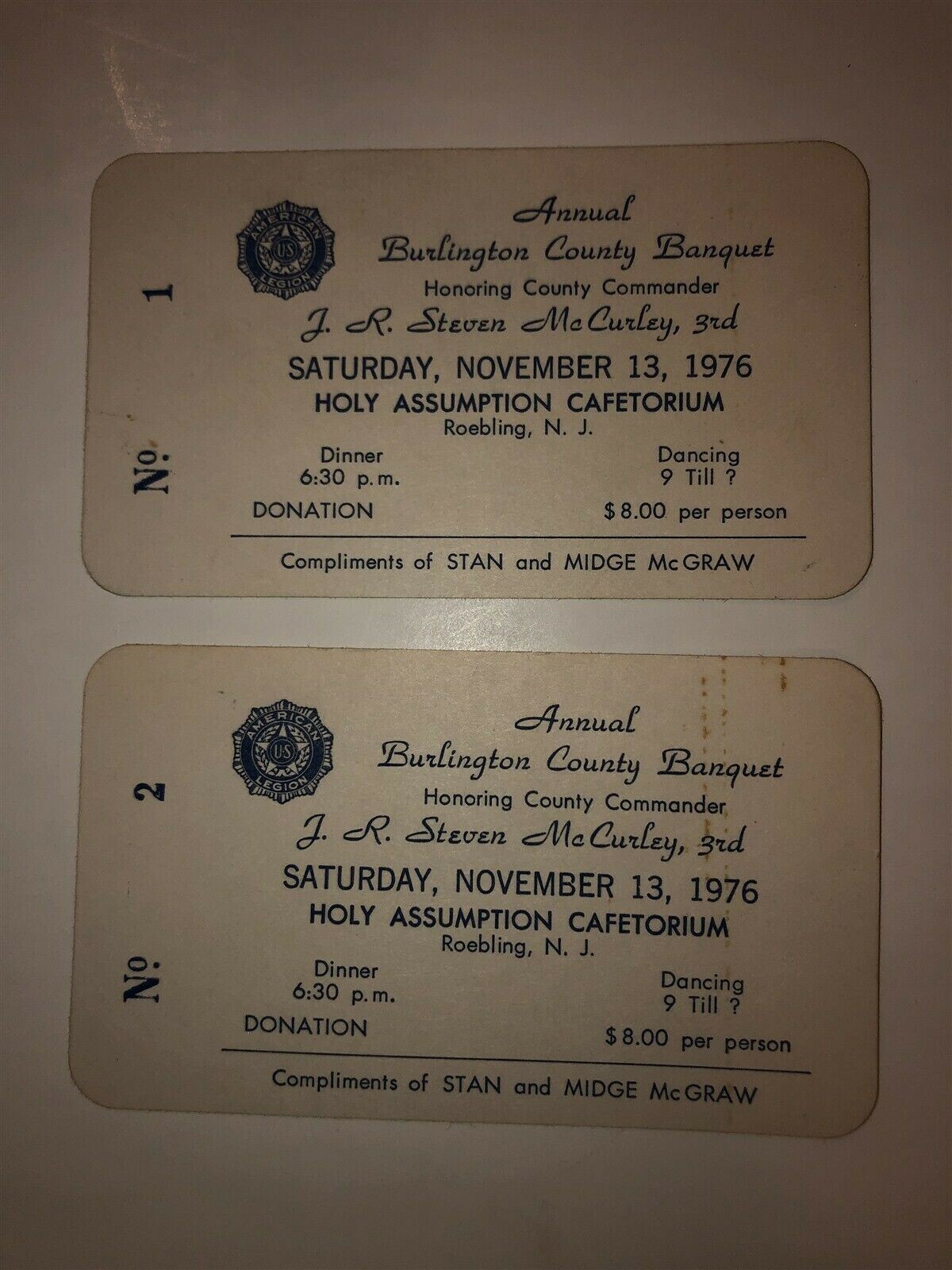 1976 American Legion NJ Burlington County Banquet Steve McCurley Roebling Ticket