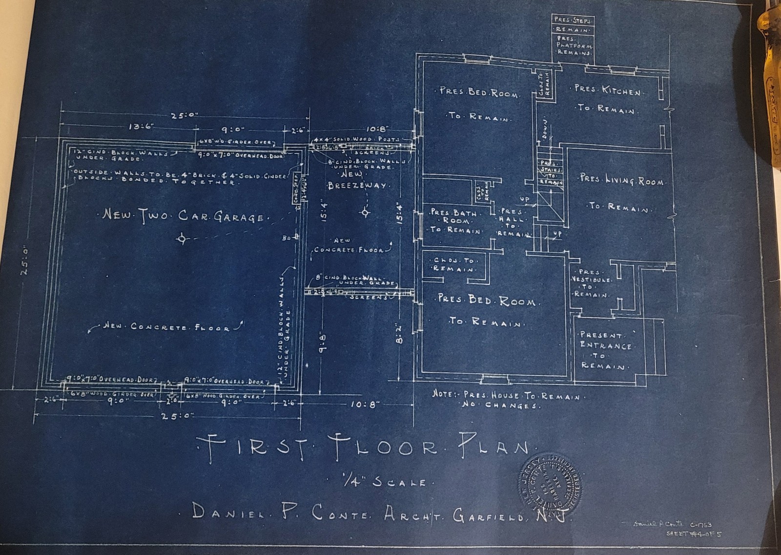 1960s ARCHITECTURAL BLUEPRINTS by Daniel P. Conte, New Jersey Complete Set Of 5