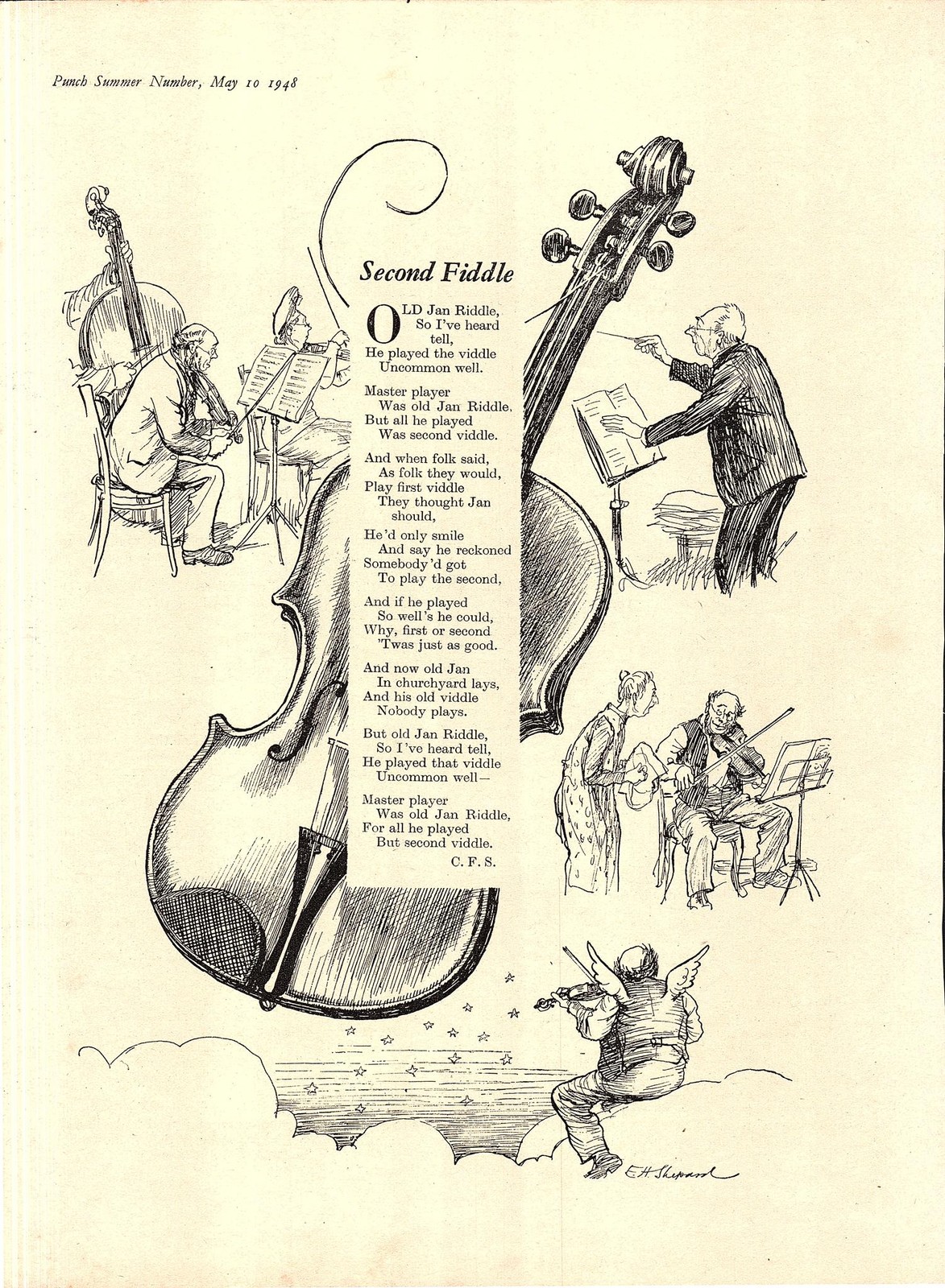 Original 1948 Punch E H SHEPARD Illustrated Poem Cartoon Print “Second Fiddle”