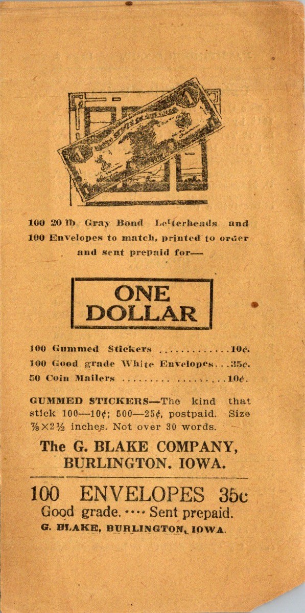 G Blake Company 1910s Mail Order Advertising Circular Burlington Iowa Stationery