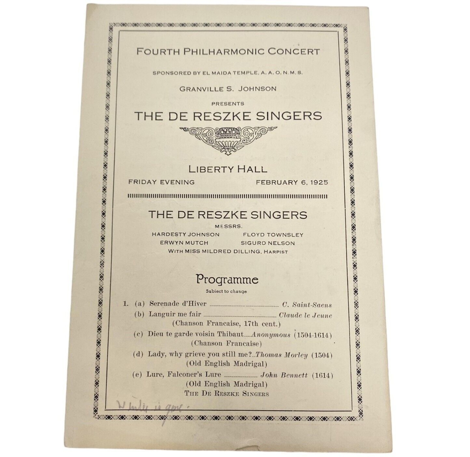 The De Reszke Singers The Fourth Philharmonic Concert Liberty Hall Feb 6 1925
