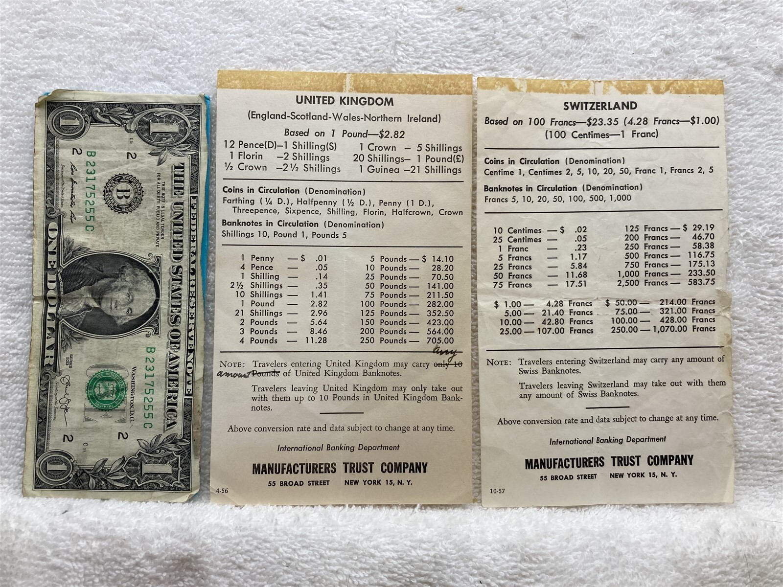1956 1957 Manufacturers Trust Company United Kingdom Switzerland Currency Sheet