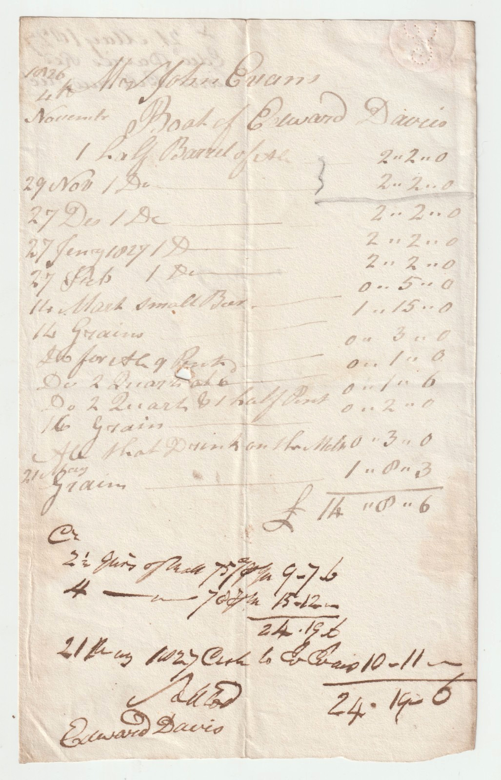200 YEAR OLD INVOICE TO JOHN EVANS, RED LION, (LLANGEFNI??, ANGLESEY). WALES.
