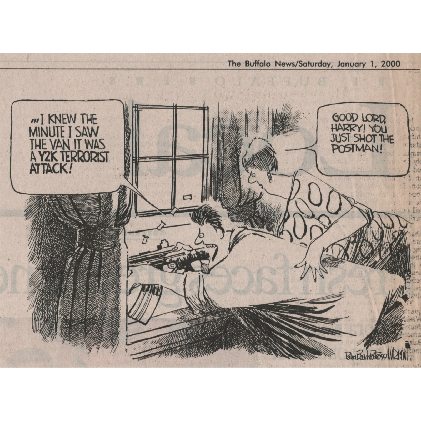 Buffalo News Don Wright Political Cartoon Y2K Terrorist 2000 Old Gun Postman VTG