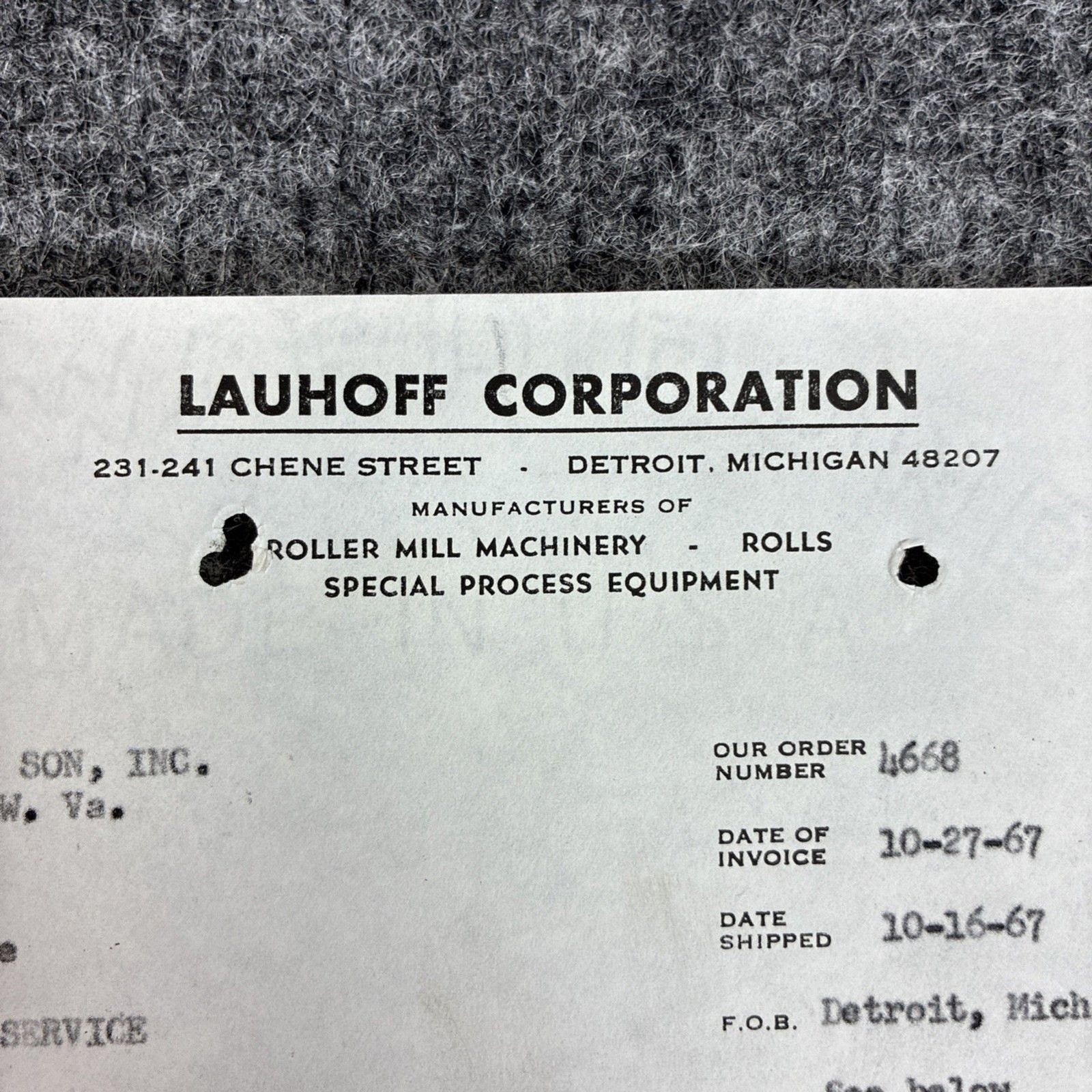 1967 Lauhoff Corp Invoice SXF-4 Stem Crusher Blades to M Marsh Cigar Co WV