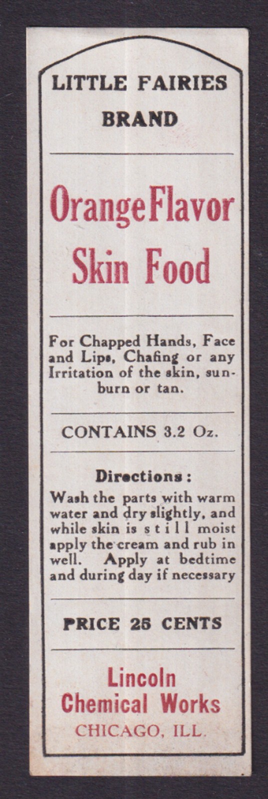 Little Fairies Orange Flavor Skin Food package label unused Lincoln Chemical