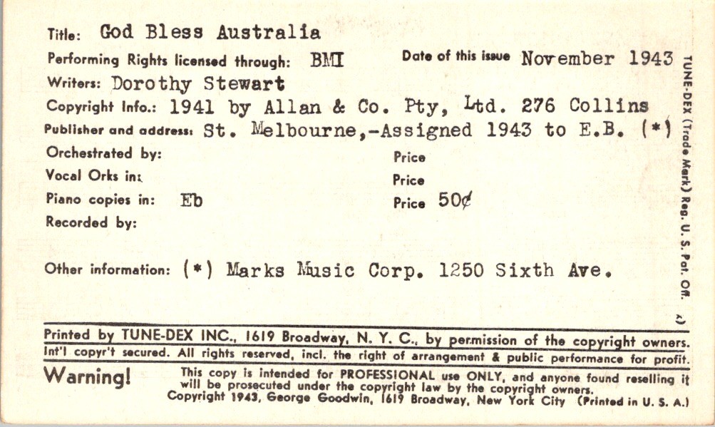 Tune-Dex Card “God Bless Australia” 1943 BMI Lead Sheet WWII Patriotic Song