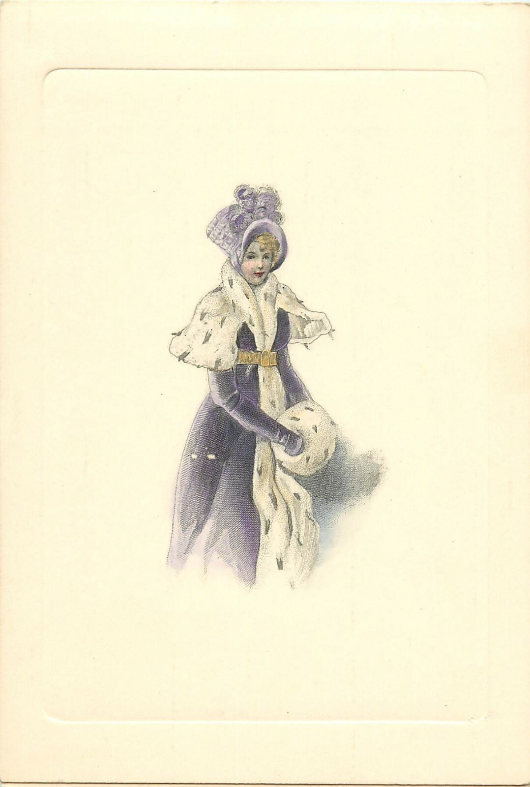 Vintage 19th Century Hand-Colored Fashion Engraving Card, Lavender Lady w Ermine