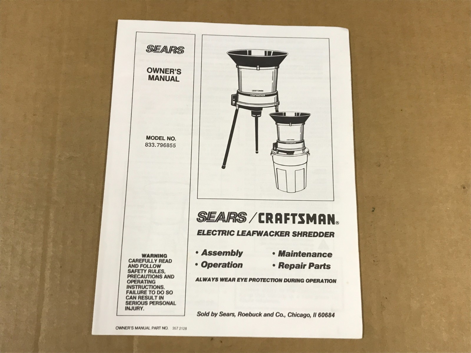 Vintage Sears/Craftsman Electric Leafwacker Shredder Owner’s Manual – No.833.796