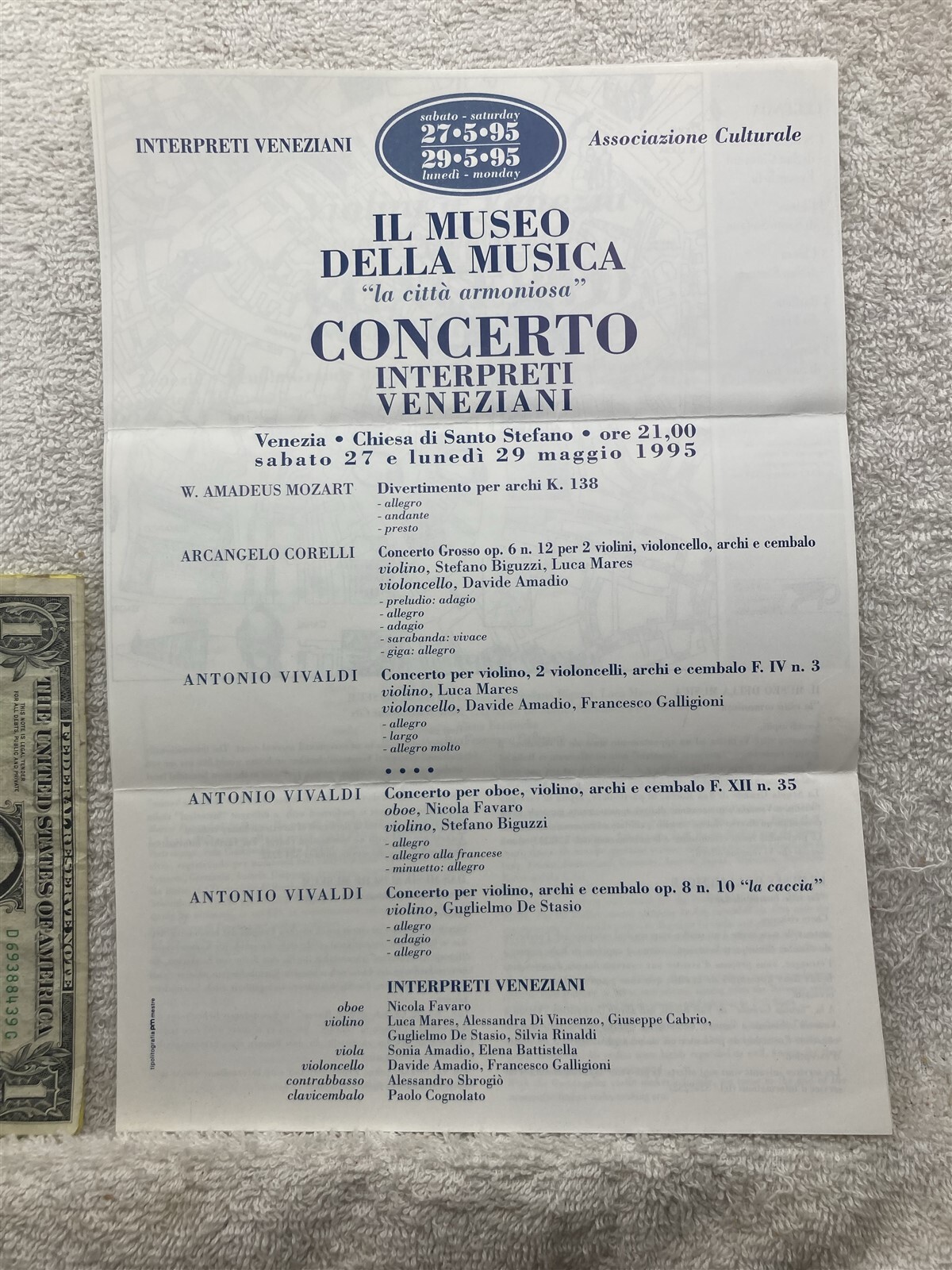 1995 Venice Italy Music Museum Violins Seuola Grande Di San Rocco Programs Vtg