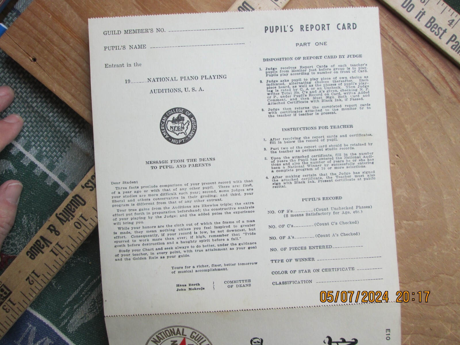 National piano playing auditions certificate& Pupil’s Report Card 1958
