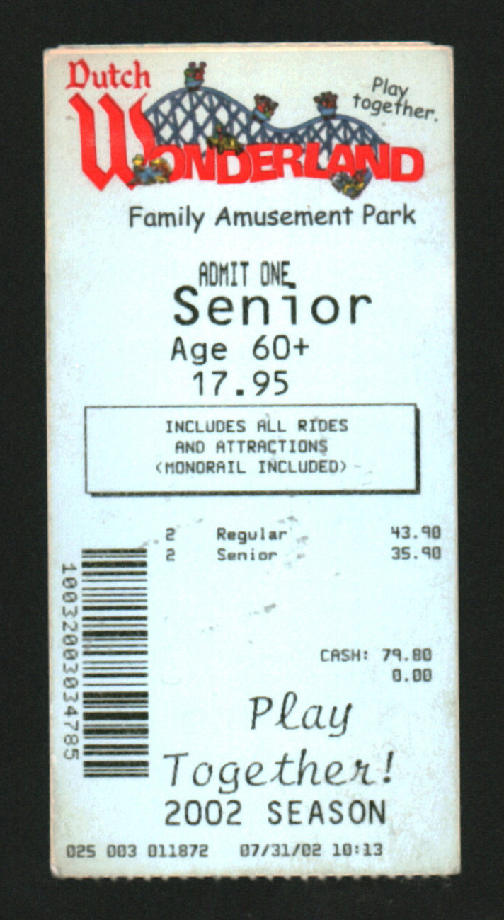 Dutch Wonderland Family Amusement Park 2002 Season Ticket Stub Senior