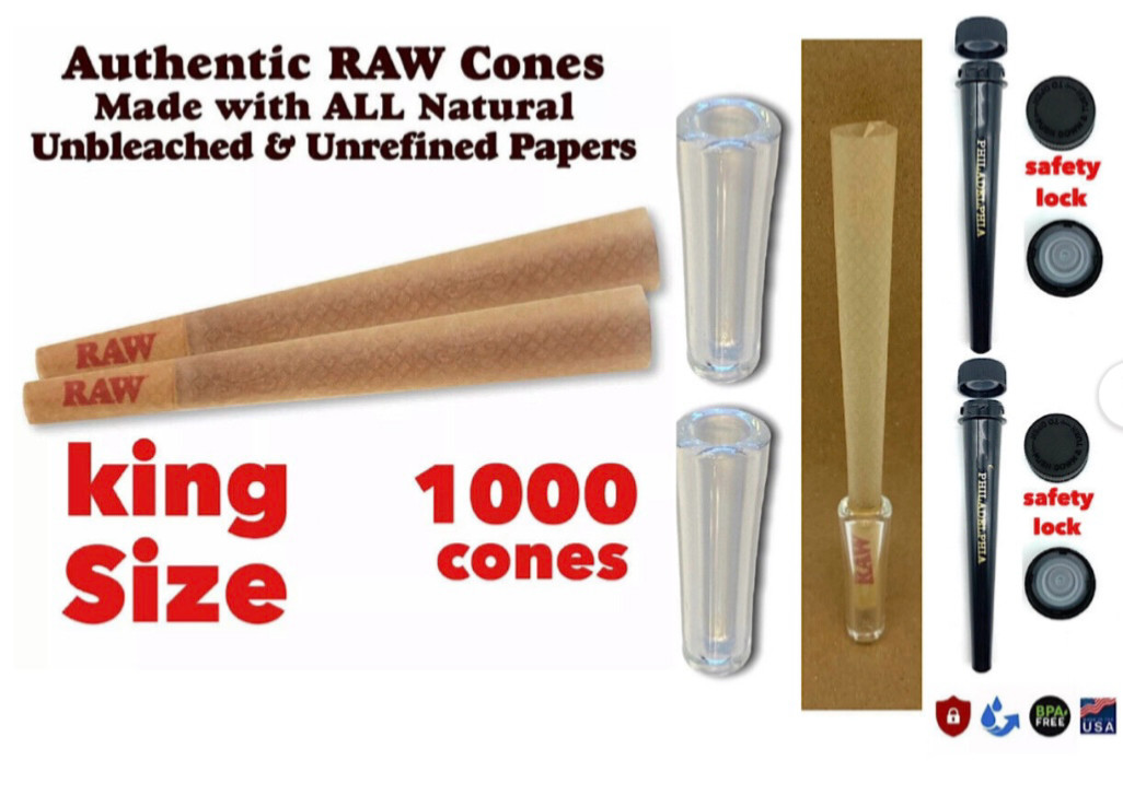 raw classic KING SIZE cone pre rolled cone (1000 pack)+2x glass cone tip+2x tube
