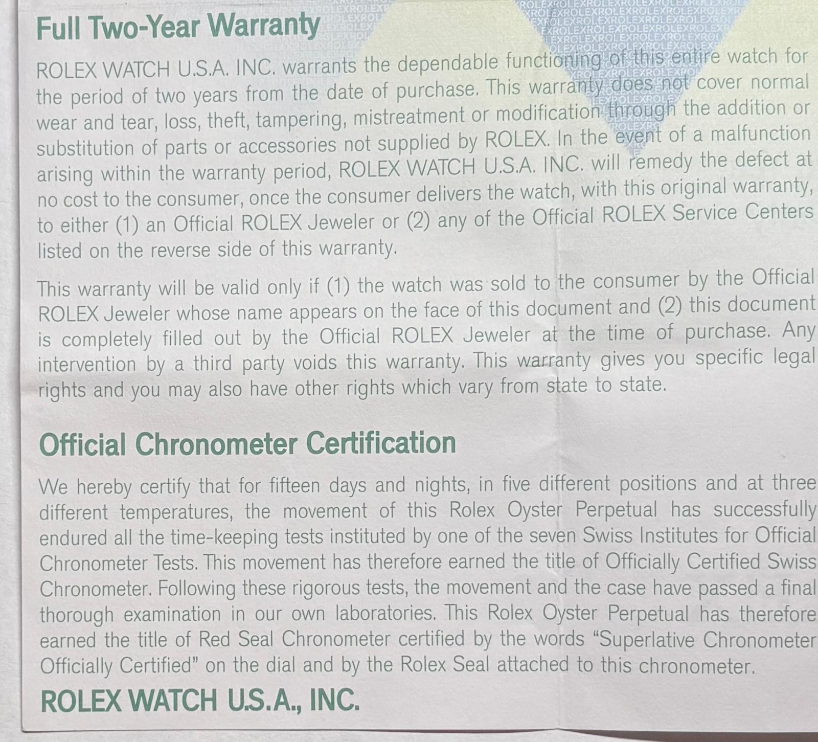 Rolex 80298 Pearlmaster Warranty Certificate Guarantee 2000s K Serial Cert