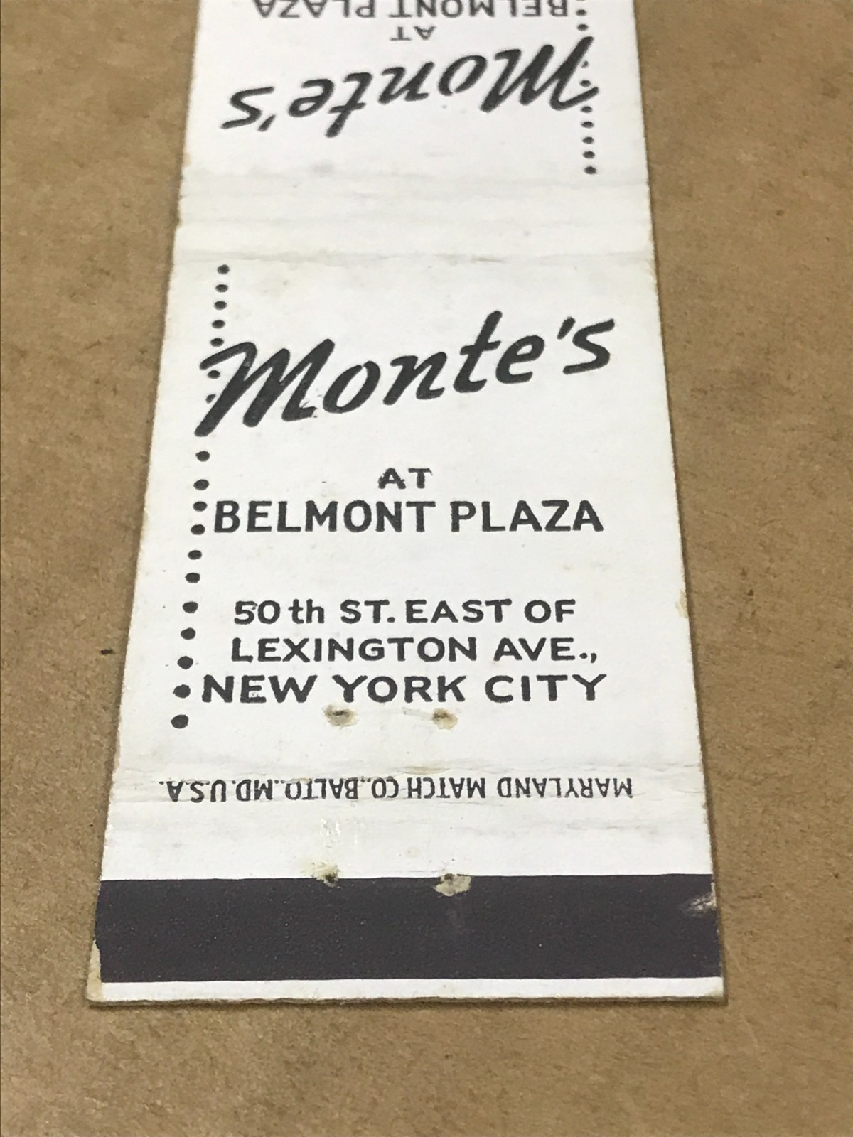 Vintage Monte’s At Belmont Plaza – New York City – Matchcover, Matchbook