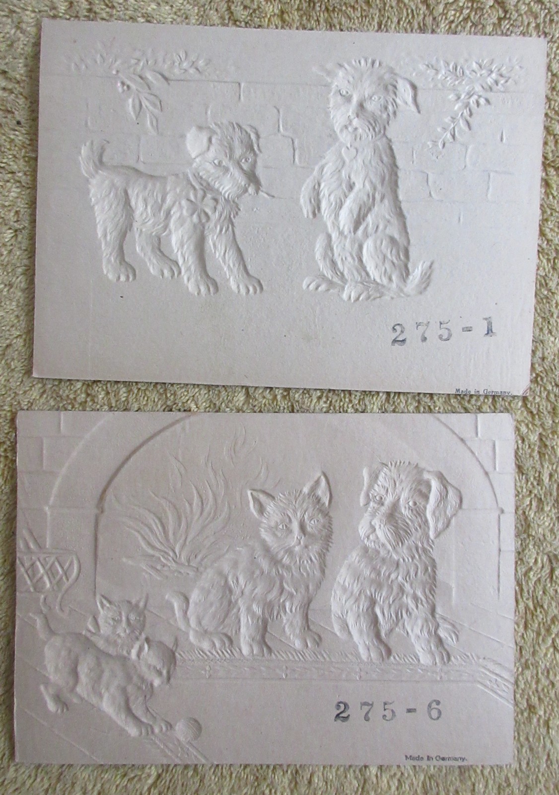 2 VINTAGE GERMAN EMBOSSED DIE CUT CALENDAR TOPS – DOG AND CATS
