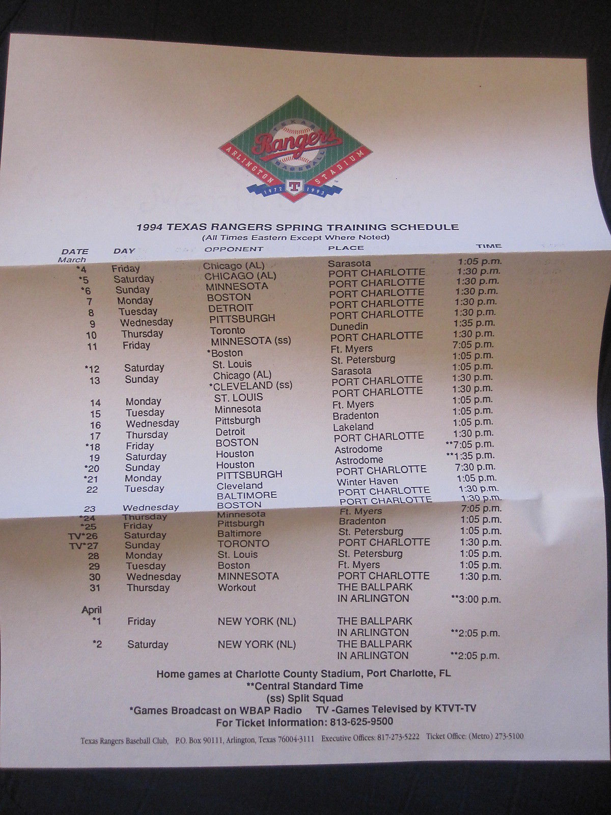TEXAS RANGERS 1994 SPRING TRAINING SCHEDULE on ranger letterhead