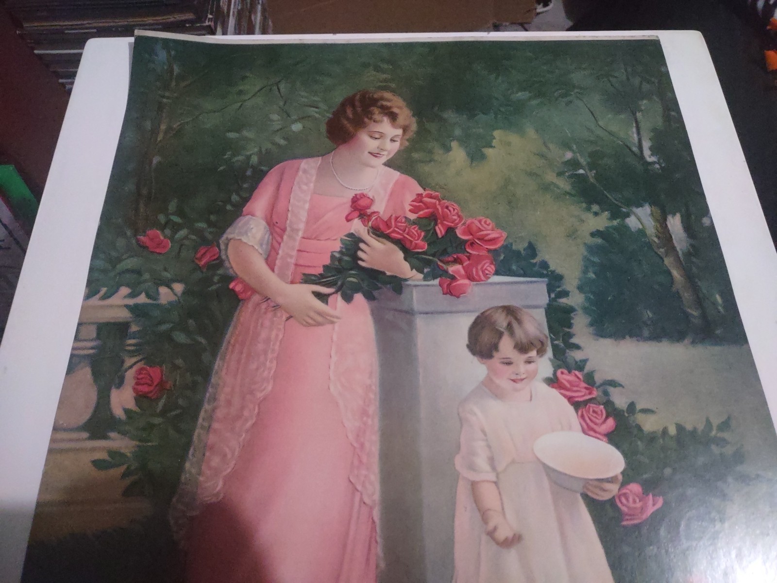 EARLY 1900’S VINTAGE CHROMOLITHOGRAPH PRINT YOUNG WOMAN & CHILD W/FLOWERS ROSES
