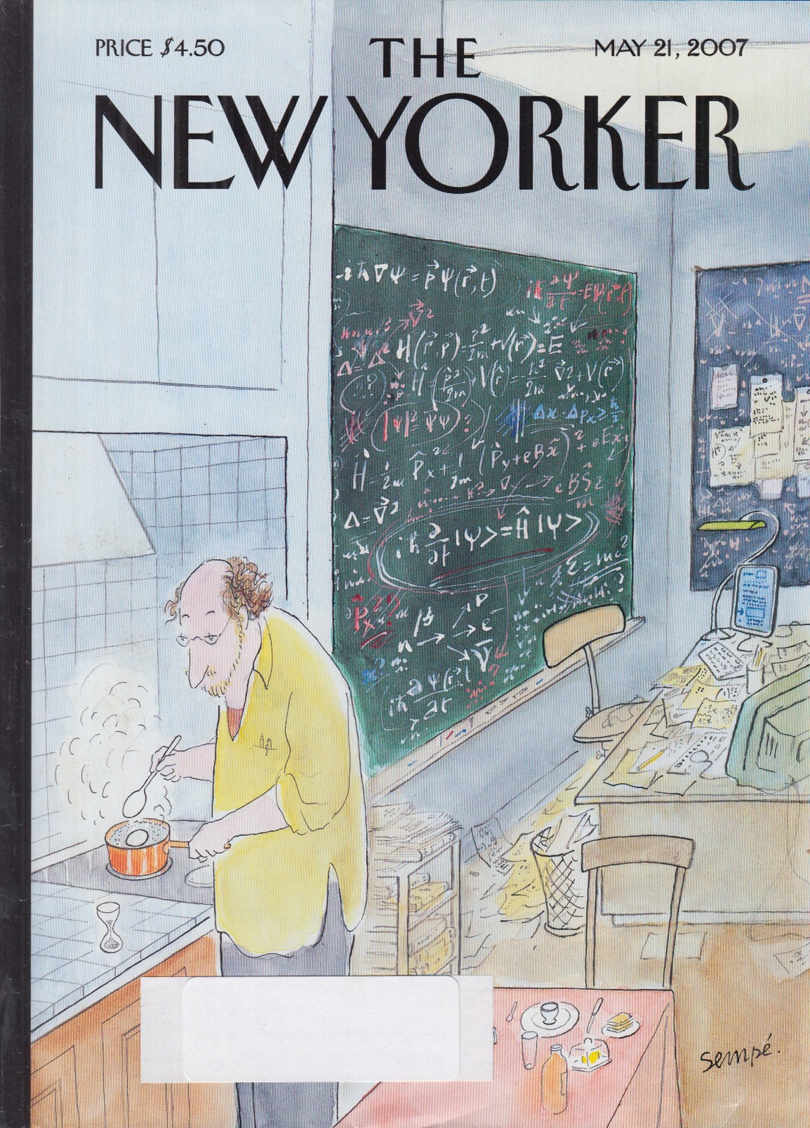 New Yorker cover Sempe math genius boils egg 5/21 2007