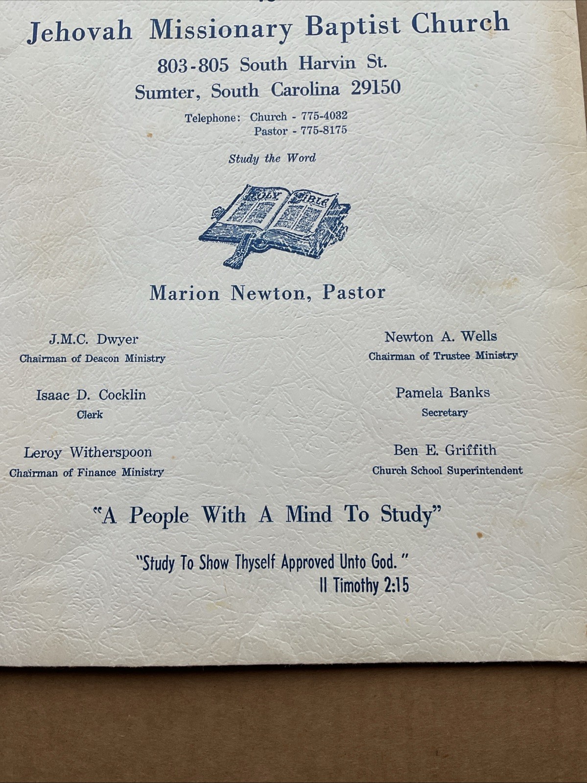 1980s Jehovah Missionary Baptist Church Marion Newton Empty Folder Sumter Sc B12