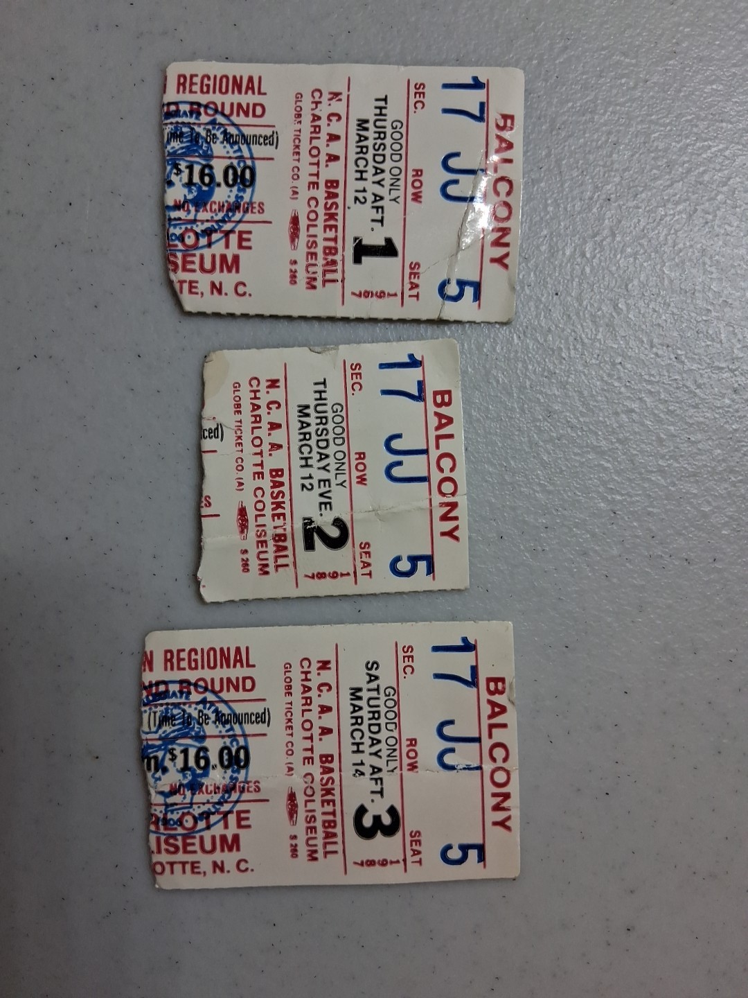 March 12 / 14 1987 NCAA East Regional Basketball Ticket Stubs Charlotte Coliseum