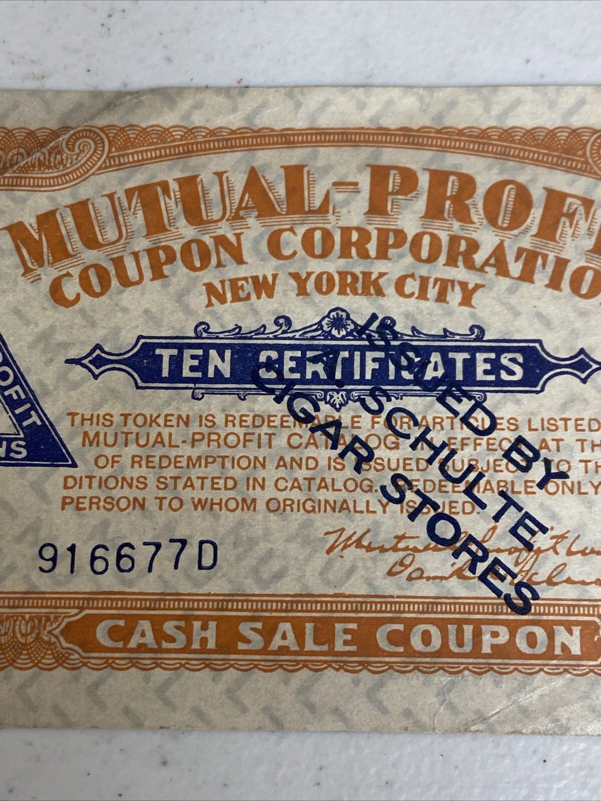 Mutual Profit Coupon Corporation New York City, NY 50 Coupons Cigar Store