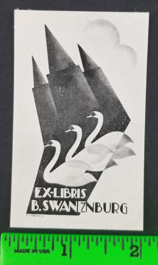 Vintage Swan Birds Castle Ex Libris Paper Bookplate Label Label Card