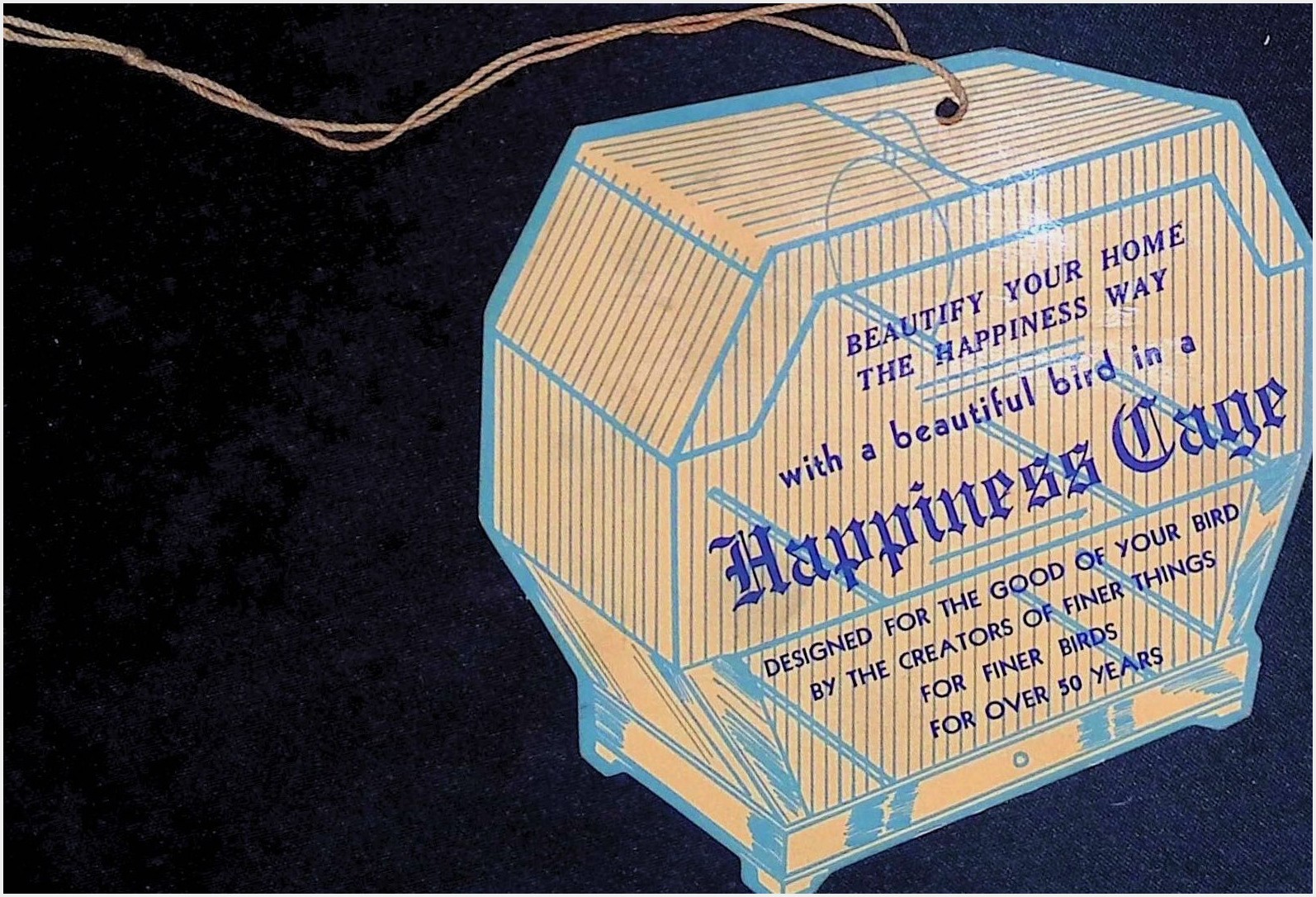 Happiness Cage Bird Cage Hang Tag Octagonal Die-Cut 1960s Unbreakable Plastic