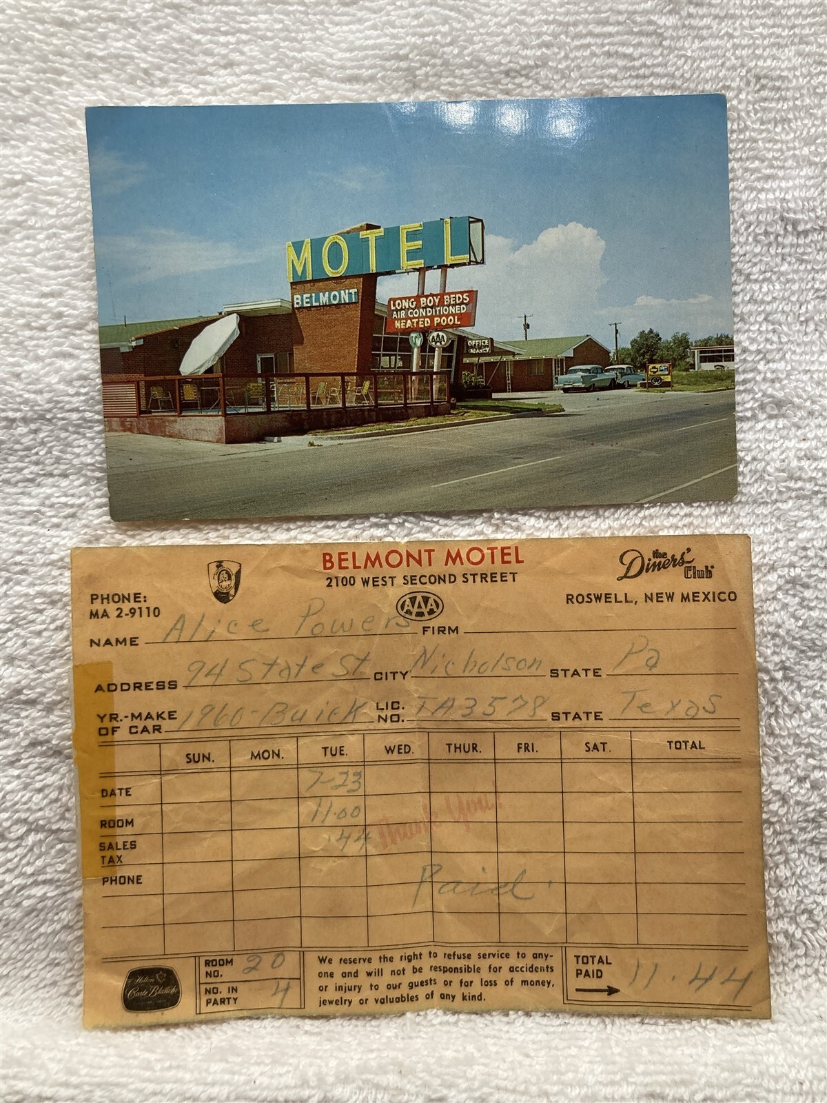 1960s Belmont Motel Roswell New Mexico Receipt NM Postcard Vtg