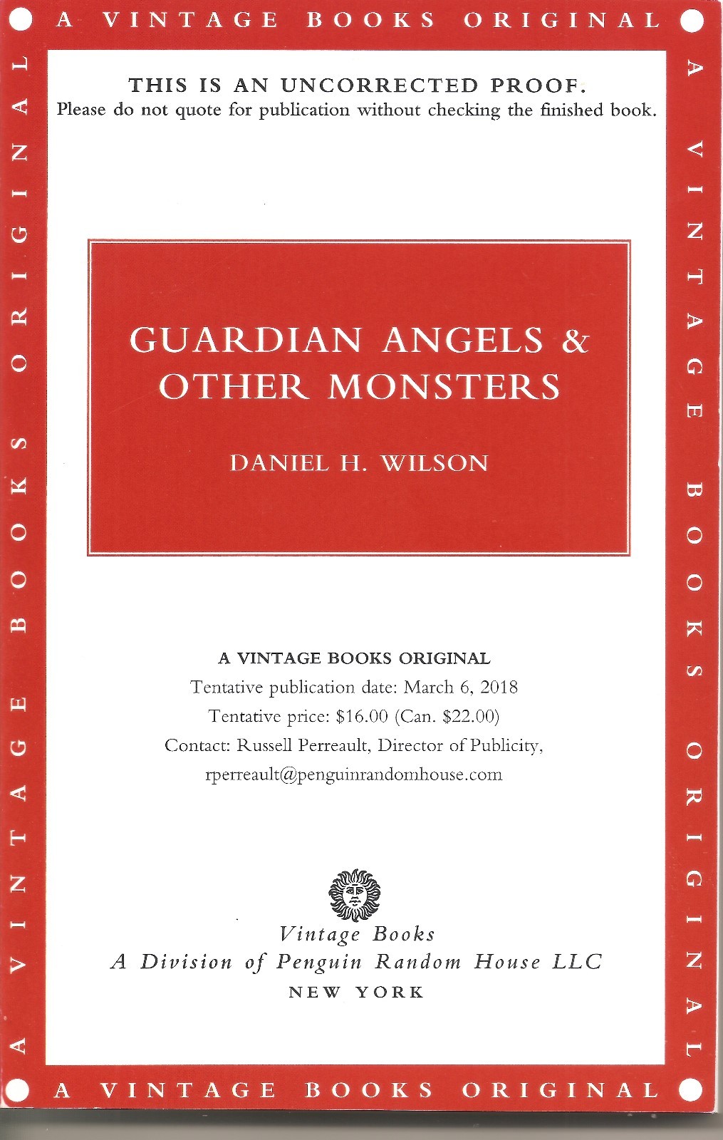 Guardian Angels and Other Monsters by Daniel Wilson Uncorrected Proof Softcover