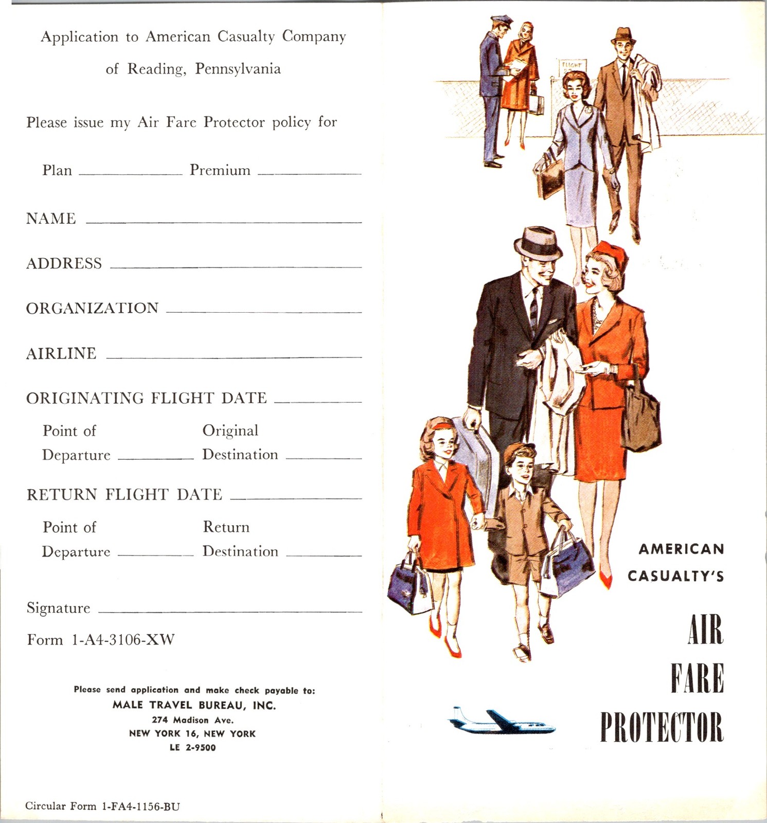 1950s Air Fare Protector App American Casualty Co Male Travel Bureau NYC