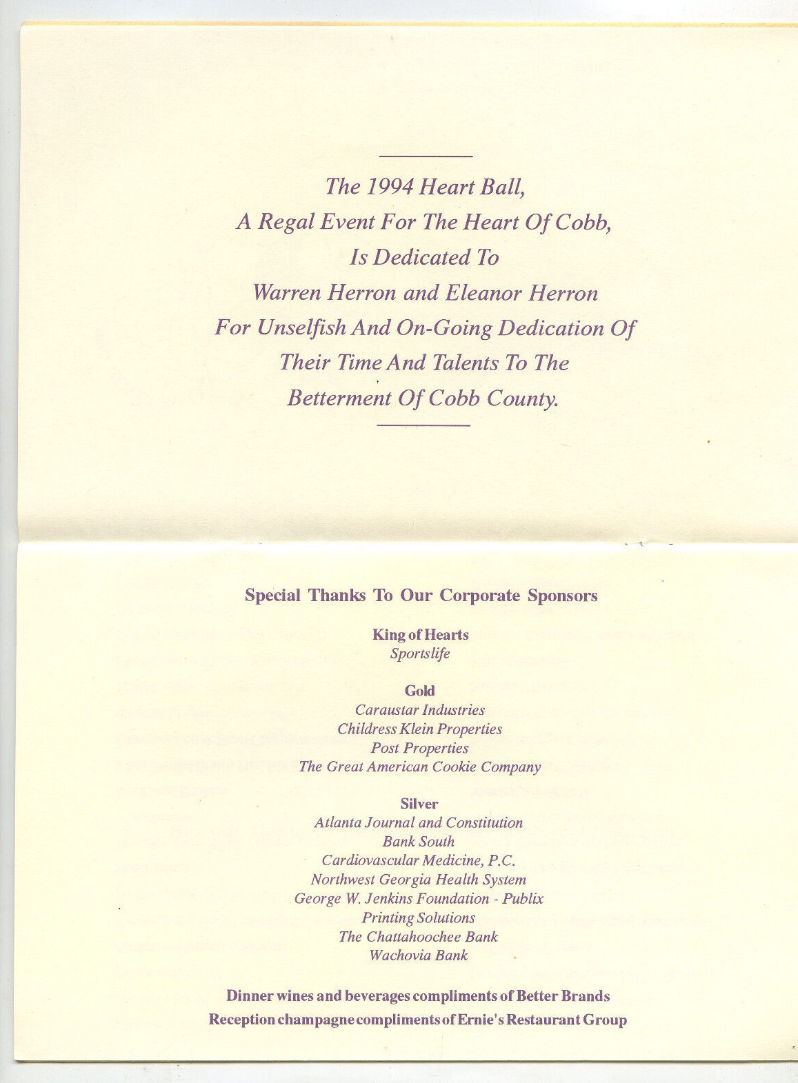 Vintage 1994 Booklet Heart Of Cobb Galleria Center Regal Event Heart Ball Menu