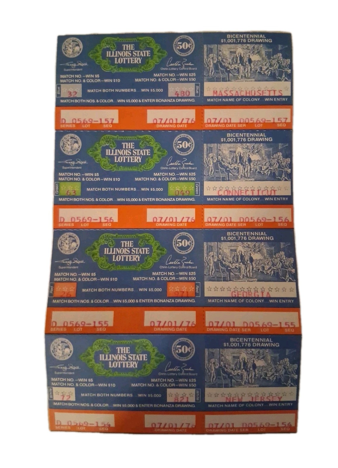 4 Bi-Centennial Paper Illinois Lottery Tickets – issued 1976 Uncut Americana