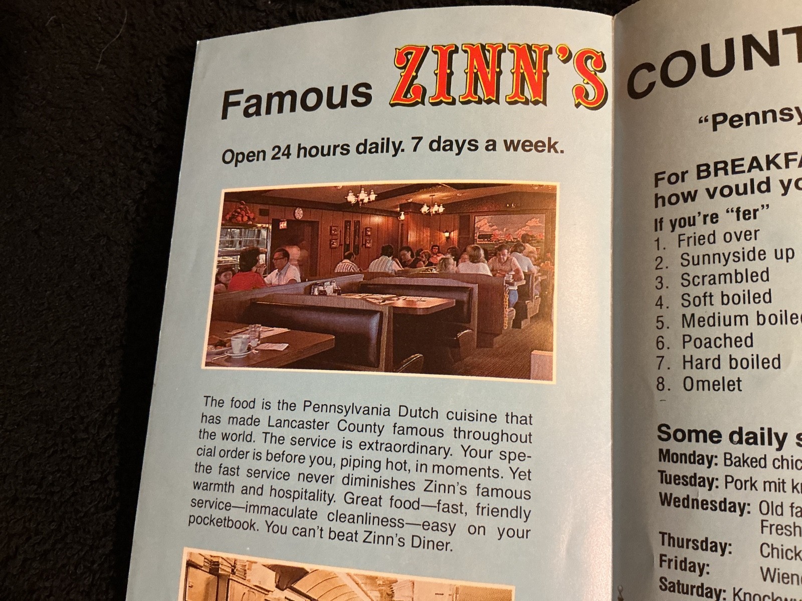 ZINN’S COUNTRY DINER BROCHURE (1980s) LANCASTER/DENVER, PENNSYLVANIA DUTCH Amos