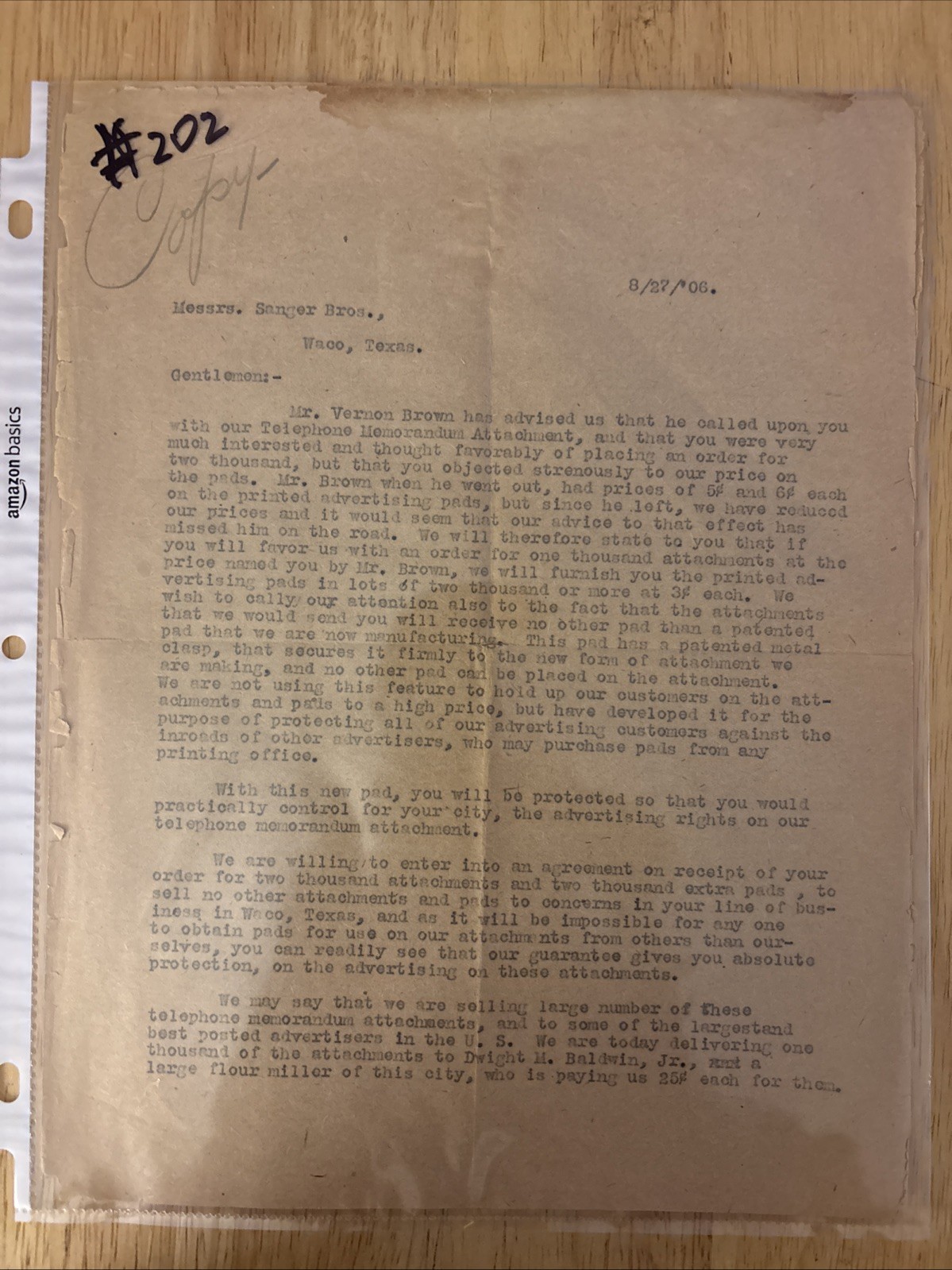 Antique letter Telephone Memorandum Attachment Co. Minneapolis, Minnesota 1906