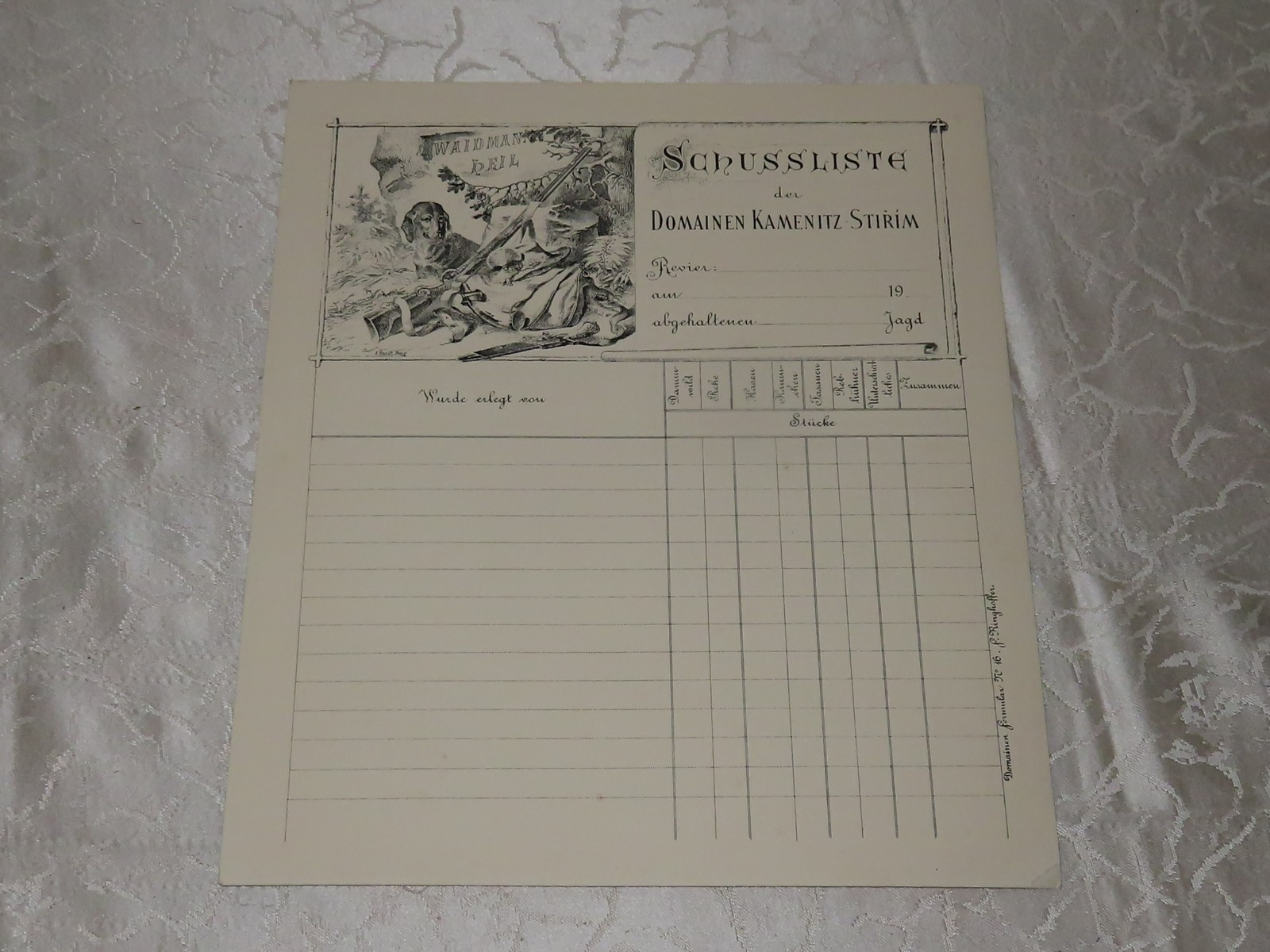 Antique Shooting Log Of The Kamenitz Domain Stirim Blank Hunting, Likely c. 1910