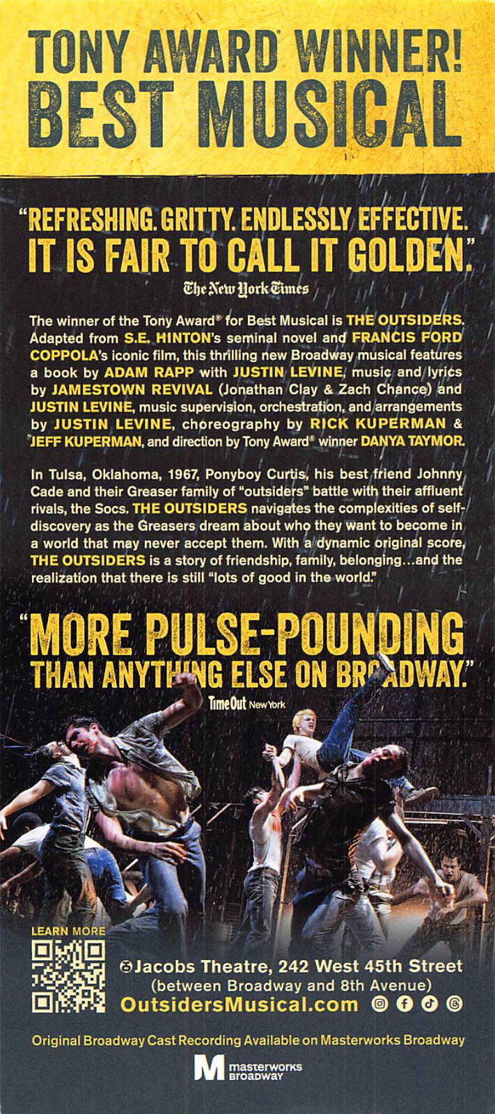 The Outsiders the Musical Ad Flyer Broadway New York City Brody Grant