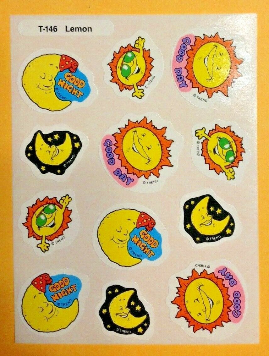 VTG TREND Scratch & Sniff Stinky Sticker Sheet Die Cut LEMON Scent Sun & Moon