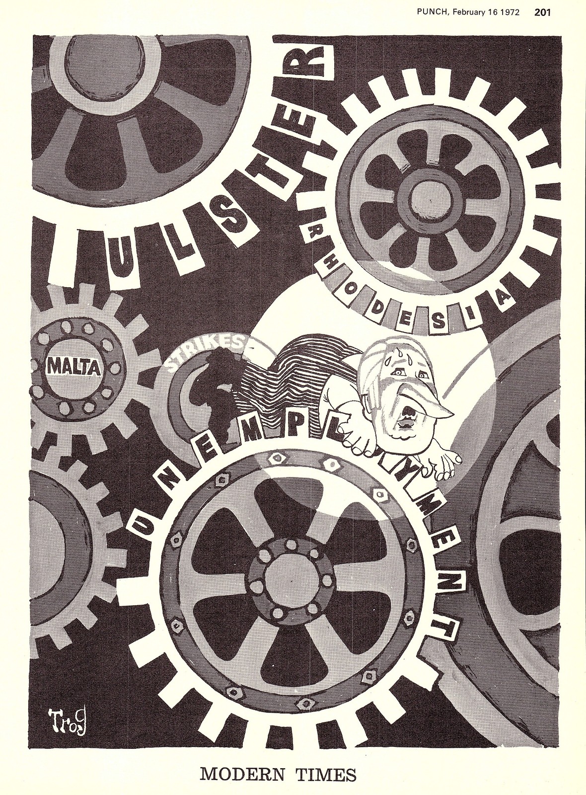 Original 1972 Punch TROG Cartoon Print TED HEATH In the Cogs of “Modern Times”
