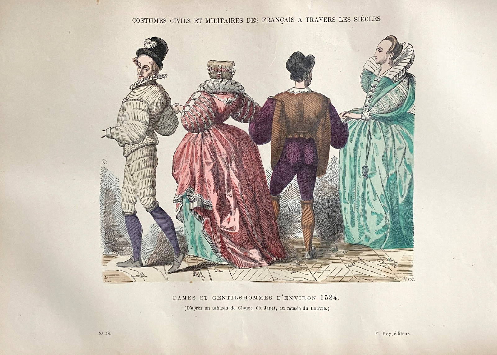 Color Engraving “Ladies And Gentlemen” c. 1584, 19th Century, France