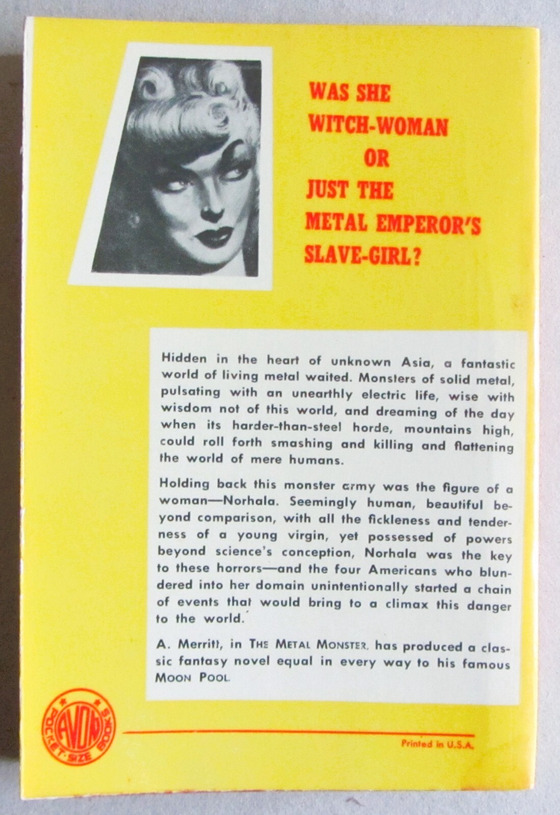 A. MERRITT~AVON POCKET BOOK #315 PAPERBACK~THE METAL MONSTER~1951~NF+