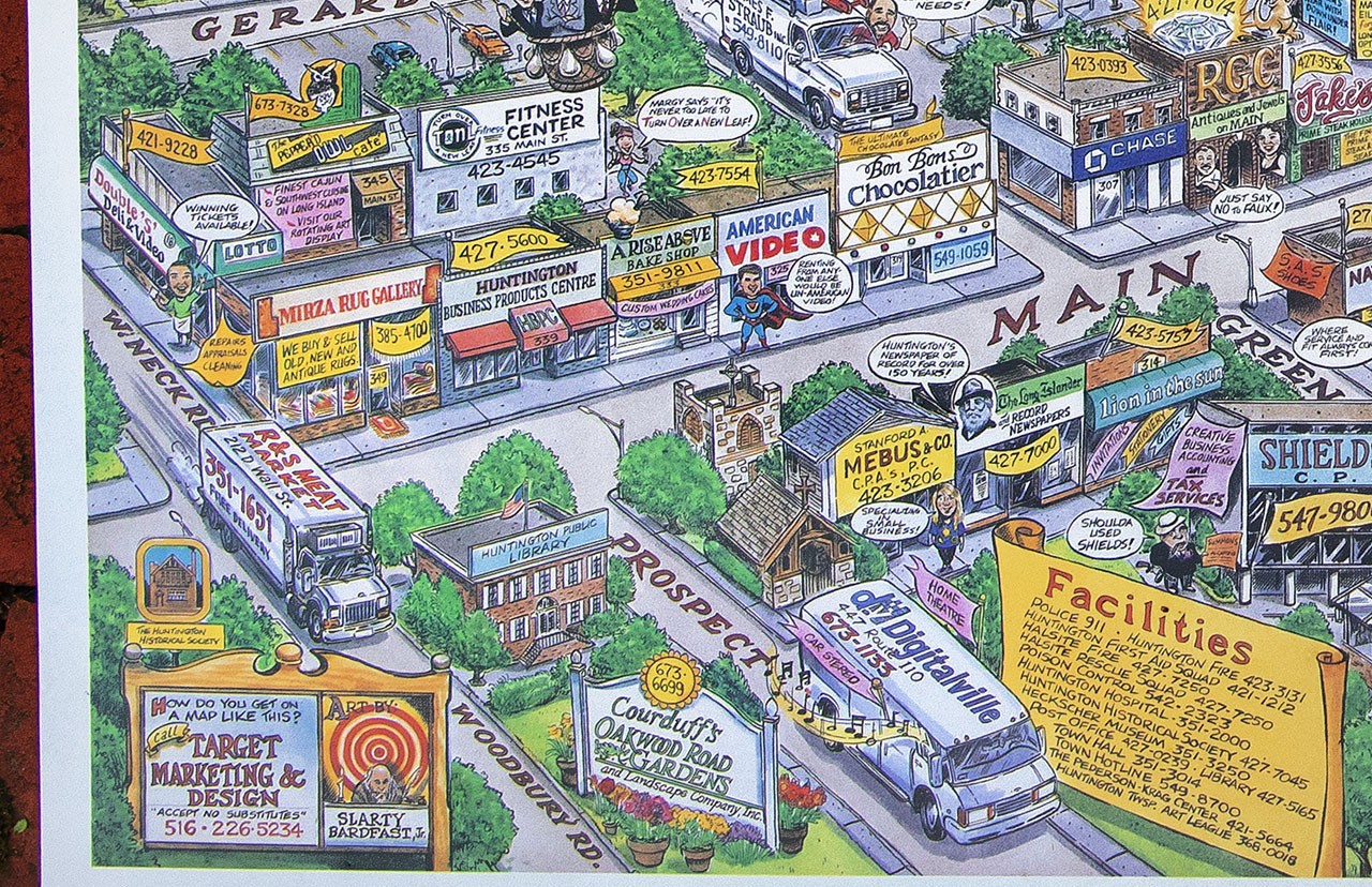 HUNTINGTON LONG ISLAND Illustrated Cartoon Map 1995 – FREE SHIPPING