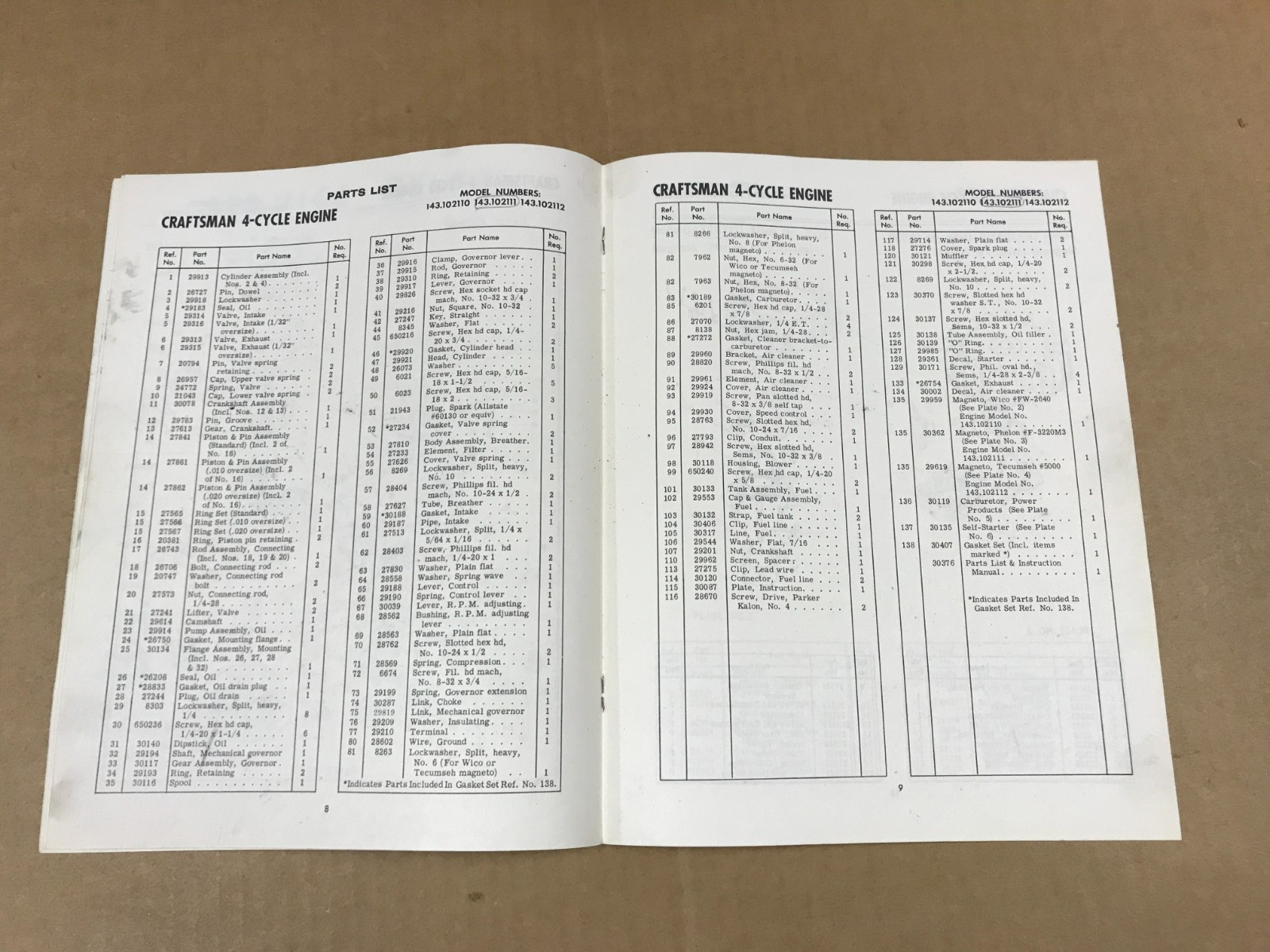 Vintage Craftsman Operating Instructions & Parts List For 4-Cycle Gas Engines