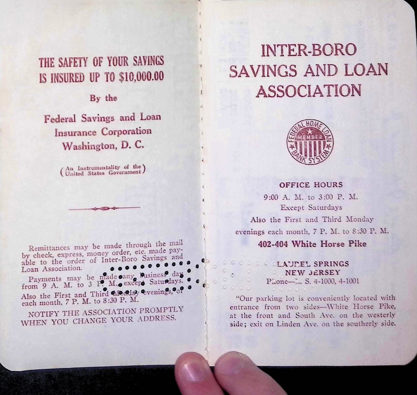 Inter-Boro Savings Loan Passbook 1965-74 NJ FSLIC Laurel Springs Camden