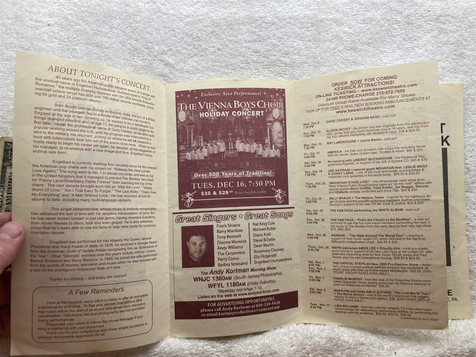2008 2011 Engelbert Humperdink Keswick Theatre Glenside PA Programs Vtg