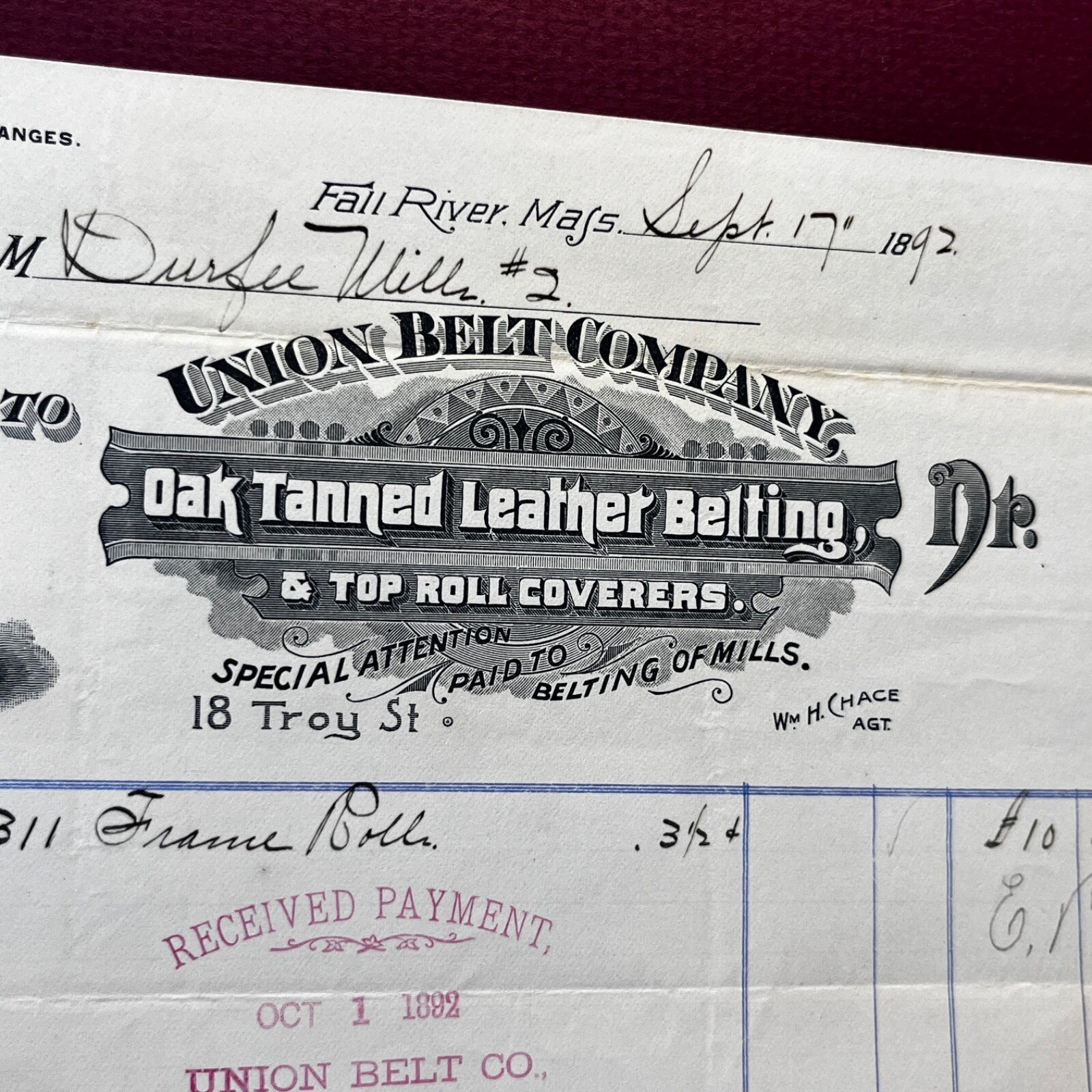 Antique billhead receipt Union Belt Company 17 Sept 1892 Fall River Mass SL2