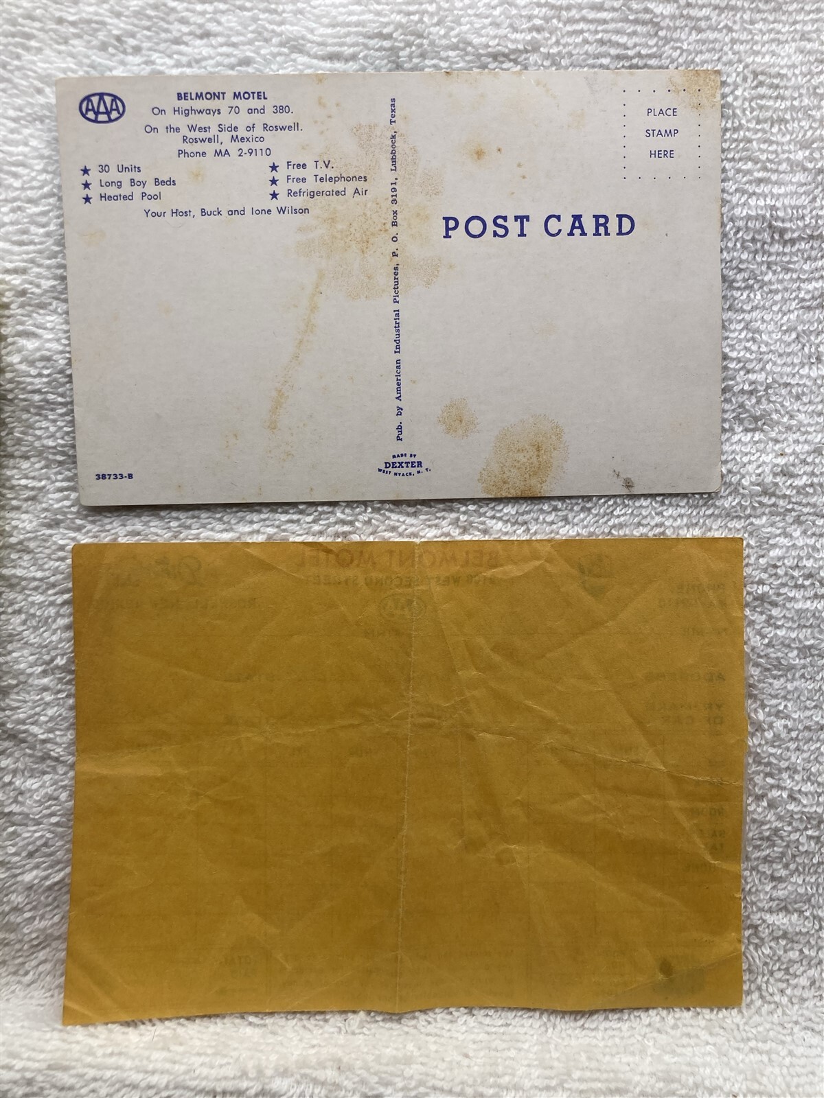 1960s Belmont Motel Roswell New Mexico Receipt NM Postcard Vtg