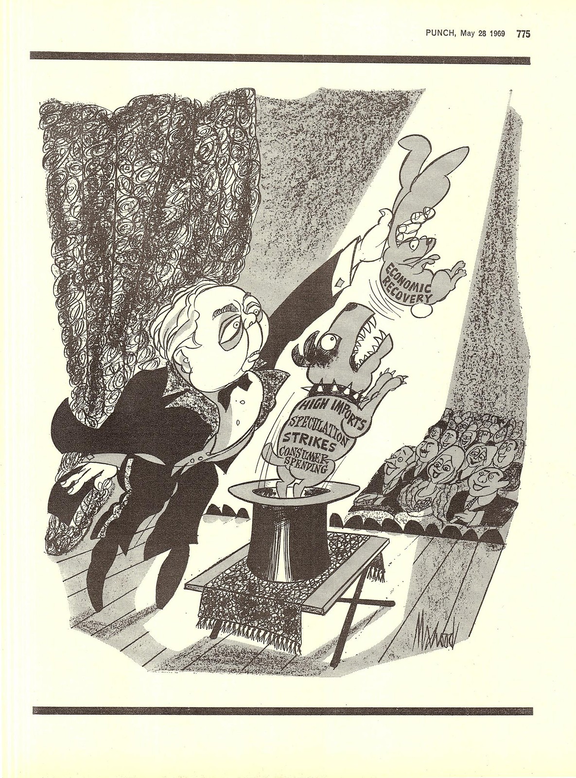 1969 Punch Cartoon Print ‘HAROLD WILSON PullING Economic Recovery From A Hat”